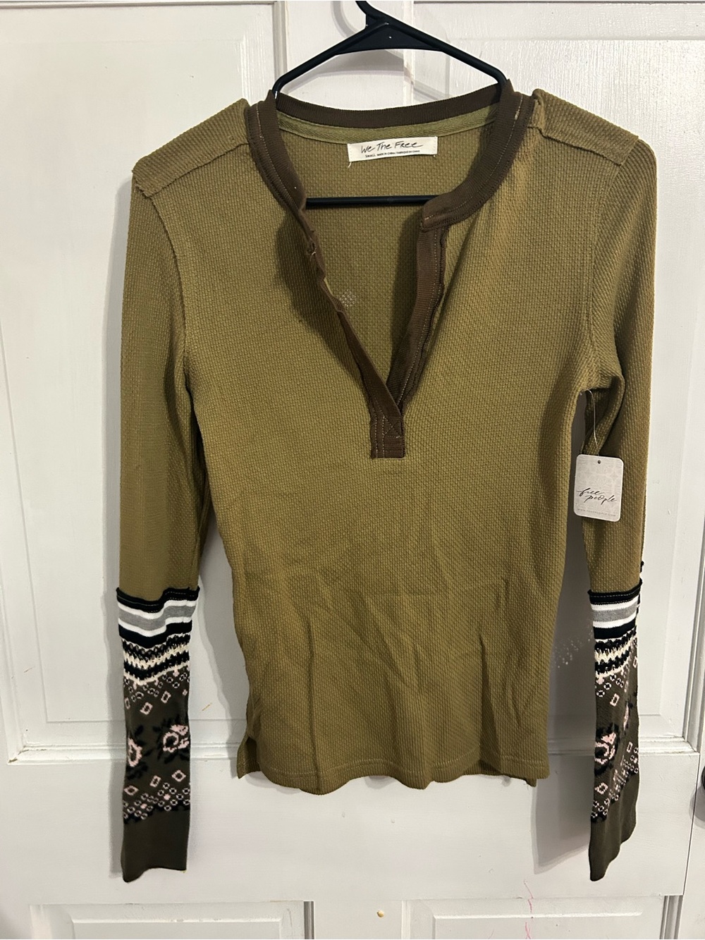 We The Free Olive Green Henley with Patterned Sleeve Cuffs